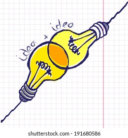 Two bulbs ideas drawn pen. Vector
