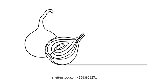 Two bulbs of onions. Harvest. Continuous line drawing. Vector illustration, Continuous one line drawing of onion for grocery store. One line drawing illustration of red onion vegetable. Raw vegetable.