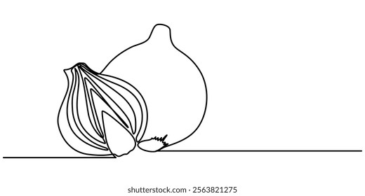 Two bulbs of onions. Harvest. Continuous line drawing. Vector illustration, Continuous one line drawing of onion for grocery store. One line drawing illustration of red onion vegetable. Raw vegetable.