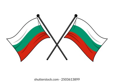 Two Bulgarian flags with flagpoles in a crossed position fluttering and waving. Editable and scalable vector graphic illustration isolated on white background eps file.