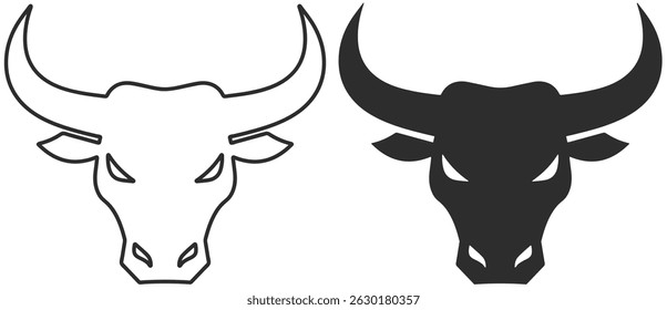 Two bull head icons with a stern look and frowning eyebrows, bull head logo, line and silhouette in black.