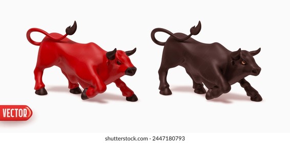 Zwei Bull realistische 3D Cartoon Stil Schwarz und Rot Farbverlauf Farben. Set von Bullen isoliert auf weißem Hintergrund. Vektorillustration