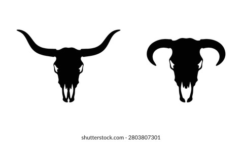 Two bull skulls with long horns depicted as a stark black silhouette skull cattle bovine animal longhorn texas