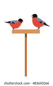 Two bullfinch on a feeding trough. Two birds on a wooden manger with heart on a white 
background. Illustration of love and friendship. Stock vector