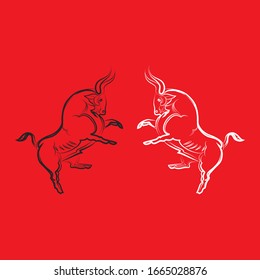Two bulls silhouettes. Black bull and white bull attack each other. 