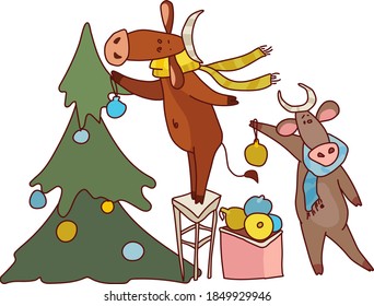 Two bulls in striped scarves decorate the tree with yellow and blue balls.