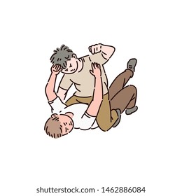 Two bully boys are lying on the ground and fighting with each other. Violent bad behavior, school bullying, fighting, and abuse. Children vector cartoon isolated illustration on white background.