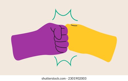 Two bumping fist finger. Team work, partnership, friendship, friends. Colorful vector illustration
