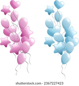 Two bunch of flat style pink and blue balloons for gender reveal party on ribbons