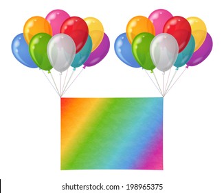 Two bunches of colorful balloons of various colors flying with sheet of rainbow paper for holiday design. Eps10, contains transparencies. Vector