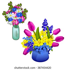 Two bunches of spring and wildflowers. Vector illustration.