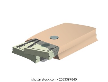 two bundles of dollars  in a brown envelope on a white background. Much money.