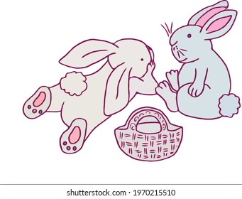 two bunnies with a basket are discussing something. a cute bunny lies on his stomach and listens to another, there is a basket nearby