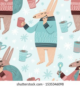 Two bunnies character hand drawn seamless pattern. Cute woodland animals sketch drawing in vector. Winter hollidays texture. Textile, wrapping paper, background design idea.