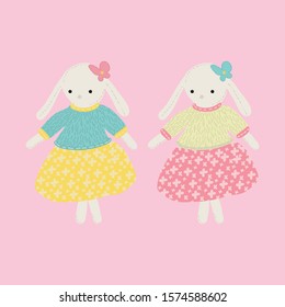 Two Bunnies Doll vector with colorful dresses. Rag doll, doll textile, pink background