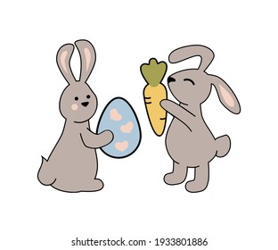 Two bunnies with egg and carrot on white background. Happy Easter concept. Vector illustration.