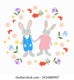 Two bunnies holding hands surrounded by flowers.