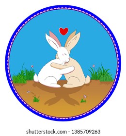 Two bunnies hug each other with their paws. Bunnies with raised ears and a heart above them. Tender hugs.
