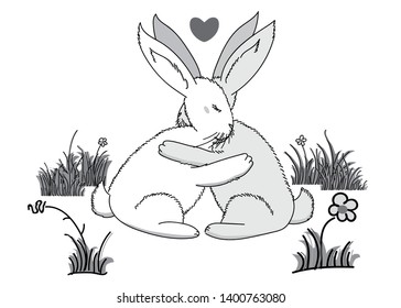 Two bunnies hug each other with their paws. Bunnies with raised ears and a heart above them. Tender hugs.
