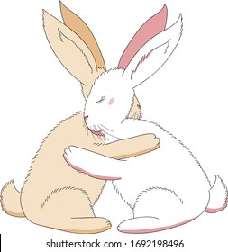 Two bunnies hug each other with their paws. Bunnies with raised ears. Tender hugs.