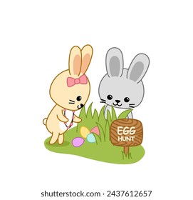 Two bunnies are looking for Easter eggs. Egg hunt. Cartoon, illustration, vector eps 10
