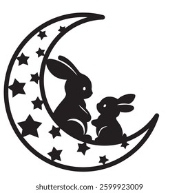 Two Bunnies on a Crescent Moon with Stars