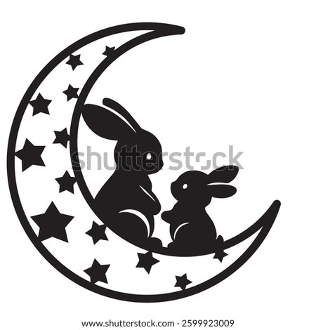 Two Bunnies on a Crescent Moon with Stars