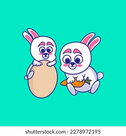 two bunnies, one carrying carrots and one carrying easter eggs.