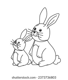 Two bunnies sitting and looking up monochromatic flat vector character. Furry animals. Editable thin line full body animal on white. Simple bw cartoon spot image for web graphic design