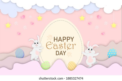 Two bunny are greeting wish to Happy Easter Day.
Easter postcard of vector paper cut.