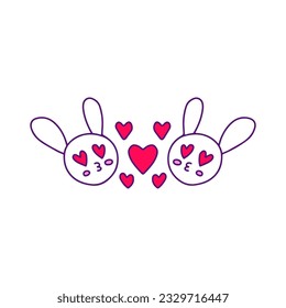 Two bunny in love, illustration for t-shirt, sticker, or apparel merchandise. With doodle, retro, and cartoon style.