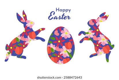 Two bunny silhouettes with a floral pattern inside, with decorated Easter egg. Perfect for festive greeting cards, invitations, and holiday designs. Stylish and decorative look