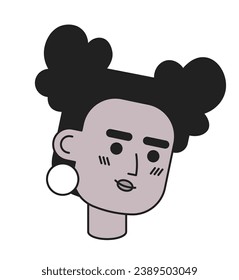 Two buns black girl with earrings black and white 2D vector avatar illustration. Fashionable woman african american outline cartoon character face isolated. Trendy flat user profile image, portrait