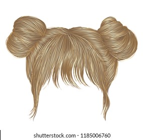 two buns  hairs with fringe  blond colors . women fashion beauty style . 