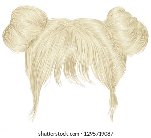 two buns  hairs with fringe  blond colors . women fashion beauty style . 