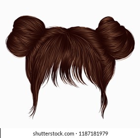 two buns  hairs with fringe brunette brown  dark colors . colors . women fashion beauty style . 