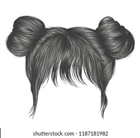 two buns  hairs with fringe gray  colors . colors . women fashion beauty style .