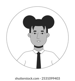 Two buns hairstyle african american woman shirt tie black and white 2D avatar illustration. Black businesswoman outline vector character face isolated. Round frame user profile image portrait