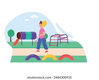 Two buns little girl wearing a pink t-shirt is walking in the kids playground while carrying a yellow balloon. Character design. Vector flat illustration
