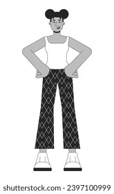 Two buns woman african american power posing black and white 2D line cartoon character. Black young adult female isolated vector outline person. Confident standing monochromatic flat spot illustration