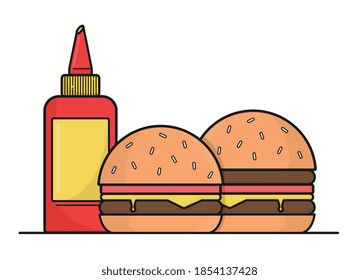 Two burgers with red ketchup