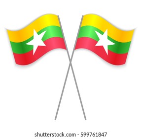 Two Burmese crossed flags. Combined Myanmar isolated on white. Language learning, international business or travel concept.