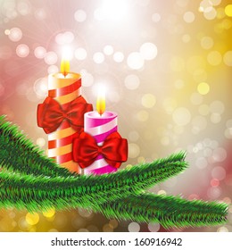 Two burning candles with bows on Christmas tree branch on bokeh abstract background. Vector illustration