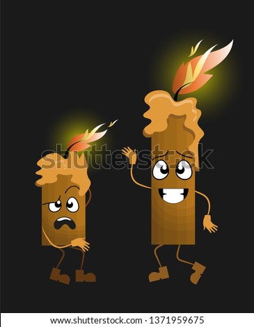 Two burning candles with cartoon faces, arms and legs on a dark background. Vector illustration