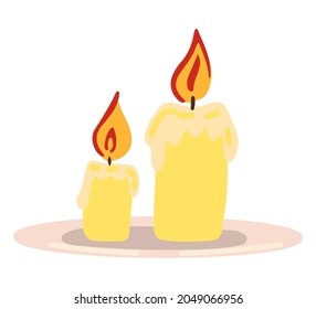 Two burning candles. Colored cartoon doodle of winter attribute. Hand drawn vector illustration. Single drawing isolated on white background. Element for Christmas design, print, sticker, card, decor.