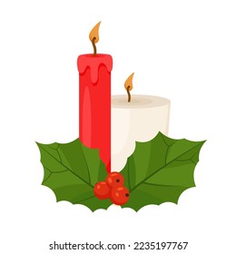 Dos velas ardientes adornadas con mistletoe. Un símbolo de confort y calidez. Ilustración de estilo plano aislada en fondo blanco