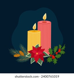 Two burning candles decorated with poinsettia, holly berries and pine branch. Christmas decoration holiday composition. Hand drawn vector illustration isolated on black background, flat cartoon style