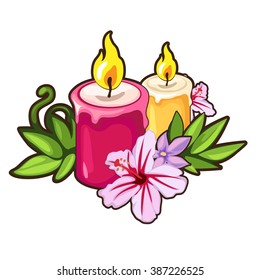 Two burning candles and flower buds. Vector illustration.