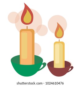 Two burning candles, isolated on a white background. Vector illustration.