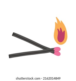 Two burning matches, flat vector illustration isolated on white background. Cartoon wooden matchstick in fire. Concepts of arson, smoke and bonfire.